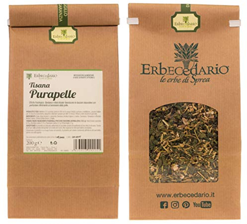 Erbecedario - Purapelle Tisana depurativa da scorie e tossine per la pelle, diuretica e rimineralizzante. Tisana detox fegato al tarassaco. Tisana drenante. Tisana fredda, 1 Sacchetto 200g