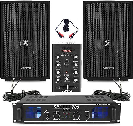 Vonyx SL8 8 Passive DJ PA Speaker Pair with SPL700 Amplifier & Mixer - 700W Professional Sound System, 2-Way Speakers, Karaoke, Party, Live Performance, Durable Design, Easy Setup