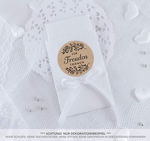 SET KLEIN: 24 Freudentränen Sticker + 24 weiße Flachbeutel - 63 x 93 mm für Freudentränen Taschentuch Verpackungen • Aufkleber SCHWARZ NATUR KRAFTPAPIER LOOK • 4cm rund matt