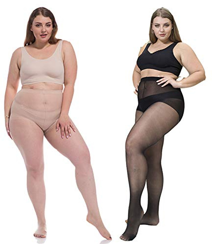 ANDIBEIQI Dam 2-pack tunna superelastiska genomskinliga strumpbyxor tights förstärkta anti-löparstrumpor, plusstorlek (XL-XXXXXL), svart + naken, Svart+nude