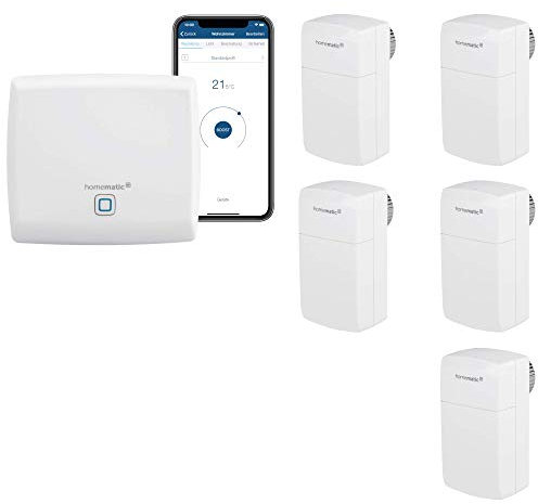 Homematic IP Smart Home Heizungssteuerung für 5 Heizkörper. Geeignet für Büros, Arztpraxen und Wartezimmer. Manipulationssicheres Behördenmodell-Thermostat mit Demontageschutz gegen Diebstahl.