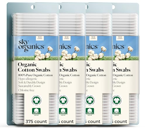 Sky Organics - Organic Cotton Swabs with Ultra Soft Tips - Strong & Durable - Hypoallergenic - Chlorine Free - Sustainable - Natural, Vegan & Cruelty Free - 1500 Count (Pack of 4)