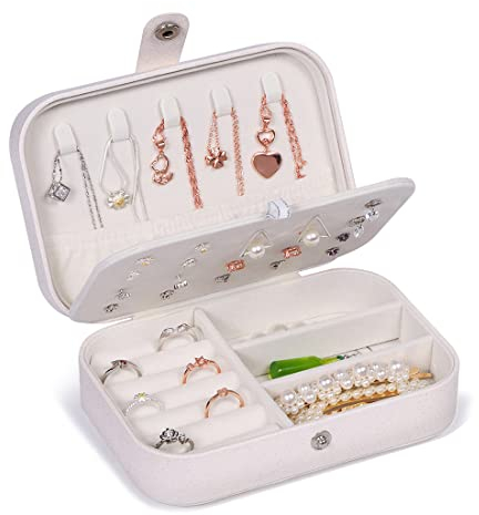 JOYUE Joyero Pequeña, Joyero portátil de Viaje para Mujer, Jewelry Organizer para Anillos Aretes Pendientes Pulseras y Collares, 16,5 x 11,5 x 5,5 cm (Blanco)