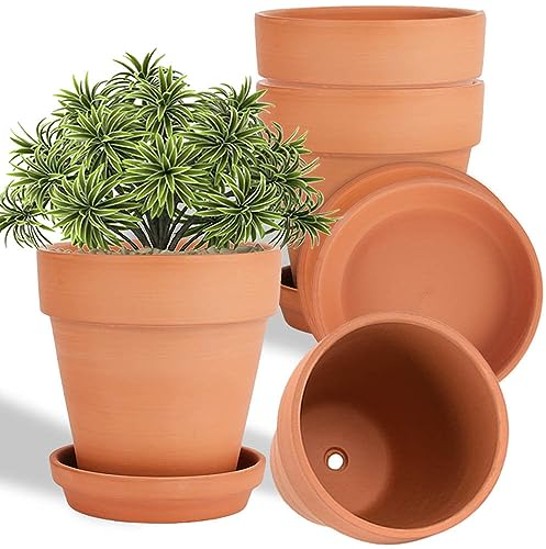 vensovo Vaso per piante in terracotta e argilla da 6 pollici con piattino, confezione da 4 vasi medi in terracotta con foro di drenaggio, vaso per piante da interno ed esterno