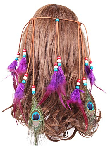 Petalum Böhmische Pfau Feder Kopfschmuck Stirnband Flechten Haar Band Stirnband Blei Seil Kostüm für Abendkleider Fasching Karneval Festnacht (Type 2 Lila)