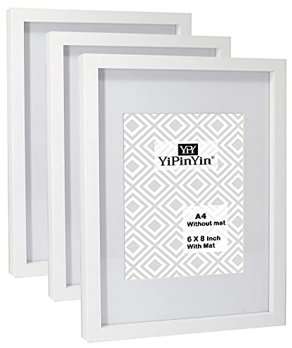 White A4 Picture Frames Set of 3 – Boxed Gallery Wooden Frames with A5 (6x8) Bevel-Cut Mounts,Wall-Mountable & Tabletop Display, Modern Minimalist Home & Office Decor
