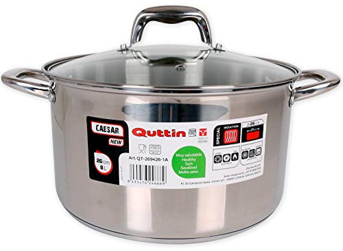 Quttin | Olla Profesional New Caesar de Inducción para Cocina y Horno | Cacerola Grande de Acero Inoxidable Antiadherente con Tapa de Cristal y Asas 26 cm/5 L | Apta para Todo Tipo de Cocinas
