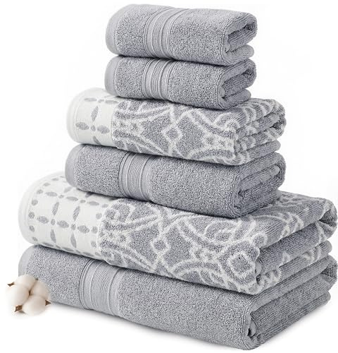 Modern Threads Monroe 6-Piece 100% Cotton Towel Set – Reversible Yarn Dyed Jacquard & Solid – Includes 2 Bath Towels, 2 Hand Towels, 2 Washcloths – Absorbent, Quick Dry, Soft & Durable – Light Gray