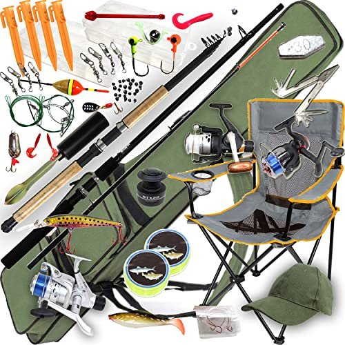 ANGELSET Vario KOMPLETT Set | 2X Angelrute + 3X Rolle + Angelstuhl + Köder-Box für die Angeltasche + Rutentasche 155 cm + Angler-Werkzeug