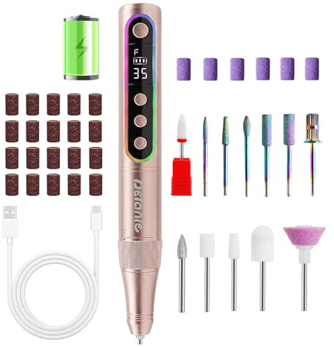 Delanie Nagelfräser kabellos 35000 U/min, 12 in 1 tragbarer Nagelfräser für Gelnägel Acrylnägel mit Nagelbit-Drehverschluss, Anzeige, Pausenfunktion, elektrischer Fräser Nägel Maniküre Pediküre Set
