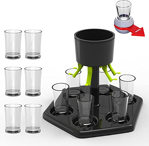 LSAMA Dispensador de chupito con 6 vasos de plástico – Dispensador de chupitos de cristal, dispensador para rellenar bebidas, vinos y bebidas (dispensador + taza + rojo girar)