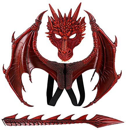 CRTEPST Drachen-Kostüm für Kinder Jungen Mädchen, Drachenflügel-Schwanz-Masken-Set, Halloween-Dinosaurier-Cosplay-Set für Kinder (Rot)