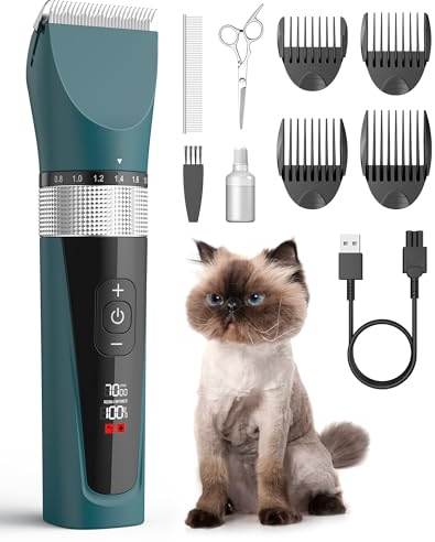 oneisall Schermaschine Katze Leise, Profi Haarschneidemaschine für langhaarkatzen, 5-Geschwindigkeiten Katzenrasierer mit LCD-Display, IPX6 Wasserdicht, Einfache Reinigung (Grün)