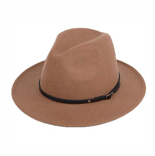 QUUPY Klassischer Jazzhut für Damen und Herren, Vintage-Stil, breite Krempe, Fedora-Hut mit Ledergürtelschnalle, Filz, Panama Gatsby Hut, Schwarz