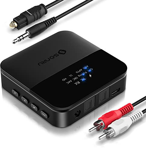 SONRU Newest Upgraded Bluetooth Transmitter Receiver, Bluetooth Audio Adapter Digital Optical TOSLINK RCA 3.5mm Audio Cable for TV/Home Stereo System Low Latency,HD