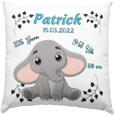 Baby Geschenk Kissen mit Namen und Geburtsdaten - Geburt Junge oder Mädchen Geburtsgeschenk Babykissen -personalisierte Babygeschenke -taufgeschenk von Taufpaten - neugeborenen Elefant Blau