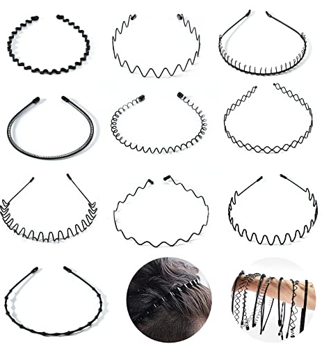 10 Stück Metall Haarband, Welle Haarreif Männer Damen mit Rutschfesten Zähnen, Schwarz Rutschfeste Elastisches Mode Haarreif Haarstyling Zubehör für Sport, Fitness, tägliches Make-up (Schwarz)