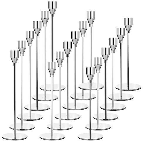 Set mit 18 silbernen Kerzenhaltern, Kerzenhalter aus Metall, hoher Kerzenständer für Spitzkerzen, Kerzenhalter für 0.87 Zoll/2.2cm Dicke Kerzen für Hochzeit, Wohnzimmer, Esszimmer (Silber)