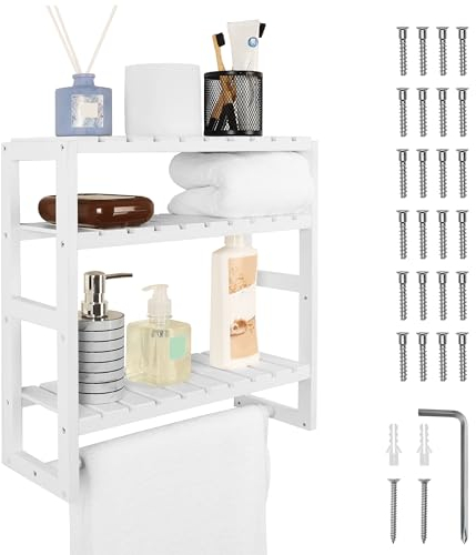 BELLE VOUS Estanteria Baño - 3 Niveles Estantes Flotantes Blanco - 42 cm de Largo - Set Estanterias de Pared Decorativa - Rústico con Toallero - Para Baño, Sala de Estar, Dormitorio y Cocina