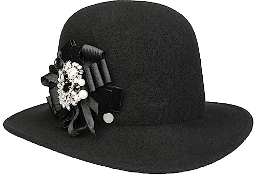 LIERYS Savoca Wollhut - Filzhut für Damen - Schwarzer Hut - Made in The EU - Eleganter Hut mit Schmucksteinen - Mit Stretchfutterband - Herbst/Winter schwarz One Size