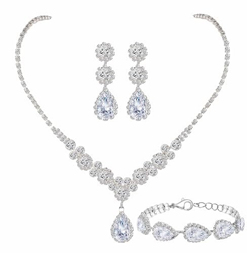 Paxuan Silver / Gold Rhinestone Crystal Wedding Bridal Bridesmaids Earrings Bracelet Set for Women Brides Bridesmaids Crystal Rhinestone Jewelry Set for Wedding Bridal Prom Pageant (Style2 - Necklace + Earrings + Bracelet(Silver Plated White Cubic Zirconia))