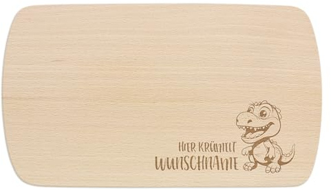 PrintPlanet® - Personalisiertes Holz-Frühstücksbrettchen mit Gravur für Kinder - Schneidebrett mit Namen personalisiert - Motiv: Dinosaurier