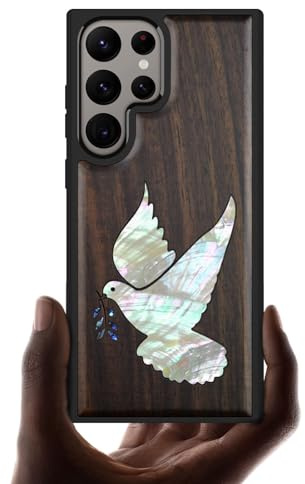 Carveit Handcrafted Case for Galaxy S24 Ultra (White-dove-Blackwood) | Samsung Galaxy S24 Ultra Case - Compatible with MagSafe Wireless charger - Wood Engraved Shell Inlaid - TPU Shockproof Bumper