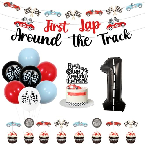 Kreat4joy First Lap Around the Track Birthday - Race Car Party Banner, Garland, Cake Toppers and Number 1 Foil Balloons for Boy Decorations