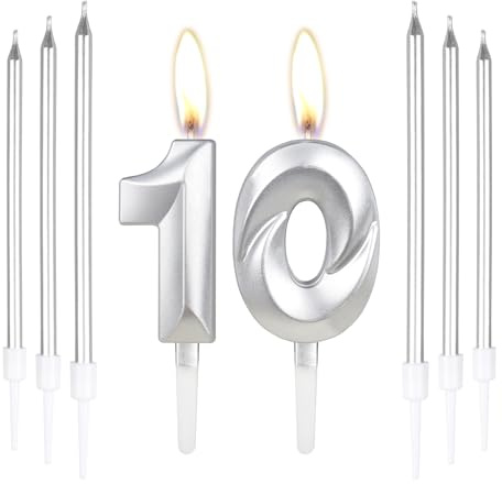 Silberne Kerzen zum 10ste Geburtstagskerze, Zahl 10 Kerzen mit 6 Langen Kerzen, Geburtstagsparty Kuchen Dekoration für Geburtstag, Party, Hochzeitstag