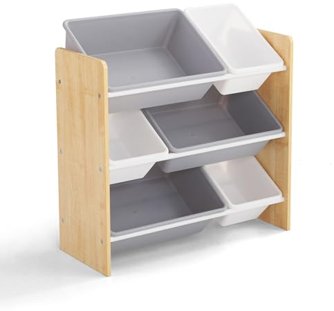 Kidoz Wooden Toy Storage Unit with 6x Removable Toy Boxes - Children's Toy Organiser, 3 Shelves - 2 Sizes of Storage Bins for Toys & Books - Ideal for Bedroom, Nursery or Playroom (Natural Wood)