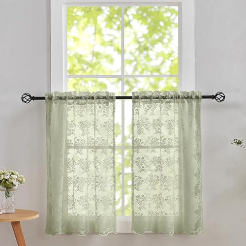 Sage Green Kitchen Window Curtains Over Sink 30 Inch Length Set of 2 Boho Floral Curtains for Bathroom Camper Window Privacy Curtains That Let Light in Spring Short Sheer Cafe Curtains Blinds