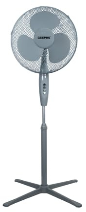 GEEPAS 16” Pedestal Free Standing Cooling Fan | 3 Speed 3 Blades Wide Angled Oscillation | Pivoting Head & Adjustable Height | Powerful Airflow Floor Fan | Home Office Use, 1 Year Warranty Grey 45W