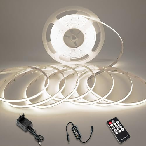 MOJIAZH COB LED Streifen 6000K Kaltweiß, 24V 5M Dimmbares, IP20 TV Hintergrundbeleuchtung LED, mit Fernbedienung, DIY Dekoration, CRI90+ LED Streifen Dimmbar, Indirekte Beleuchtung Wand DIY Dekoration