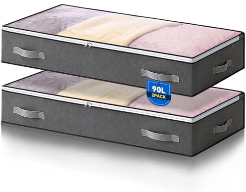 Boic 2 Pack 90L Underbed Storage Bags, Under Bed Storage Box With Lid, Clothes Storage Bag, Foldable Underbed Storage Boxes Clothes Organiser Boxes With Handle For Comforters Blankets Bedding