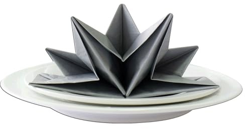 12 x Luxury Folded Silver Napkins. Disposable Linen Feel Soft 3 Ply Paper Star Serviettes. Dinner Party Wedding Table Restaurant Large Elegant Stylish 40 x 60cm (16 x 24 inch)