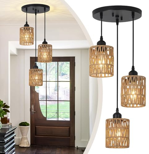CRFASIBE 3-flammige Rattan Pendelleuchte Boho E26 Höhenverstellbar Innen | Handgewebt Skandi-Stil Hängelampe, Leuchtmittel nicht enthalten, für Wohnzimmer Schlafzimmer Küche, Schwarzes Gestell