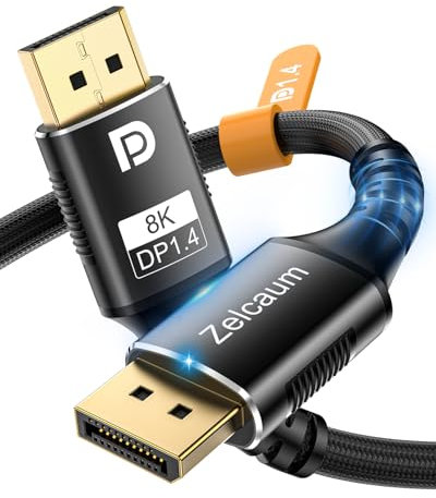 Zelcaum Displayport Cable 1.4, Display Port 1.4 Cable [8K 60Hz, 4K 2K @ 240Hz 180Hz 165Hz 144Hz 120Hz], Braided DP Cord 54Gbps DSC1.2 HBR3 HDR HDCP FreeSync G-Sync, Gaming Monitor PC TV Graphics 1.5FT