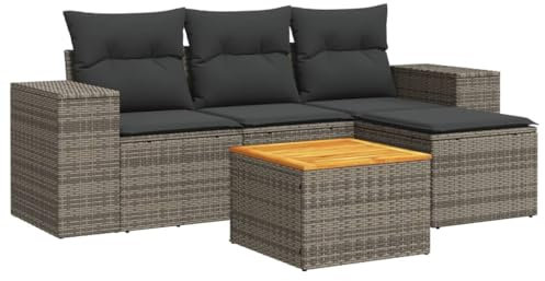 HETFTJN Lounge Sofa Bierzeltgarnitur Balkonmöbel Outdoor Lounge - 5-TLG. Garten-Sofagarnitur mit Kissen Grau Poly Rattan für Café Balkon Terrasse Garten
