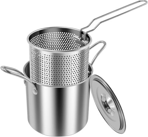 Mini friteuse avec panier passoire en acier inoxydable 304 - Petite friteuse avec couvercle - Multifonctionnelle - Passe au lait - Pour frites - Pour frire le poisson, les crevettes, le poulet et les