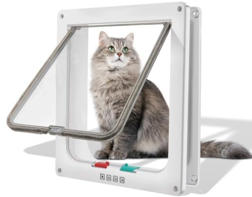 Cat Door, Weatherproof Cat Flap Door, 4-Way Locking Large Pet Door for Cats & Dogs, Easy Installation for Interior/Exterior Doors, Windows & Walls (Large, Outer Size 9.8 x 9.2)