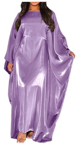 Gefomuofe Robe musulmane pour femme en satin à manches longues - Robe Abaya - Manches batwing - Robe musulmane - Robe arabe turque - Couleur unie - Deux pièces - Robe longue musulmane, lilas, taille