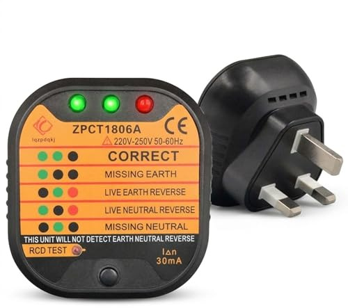 Socket Testers, UK 220-250V Plug Tester with LED Indicator Lights, Portable Automatic RCD Outlet Tester Suitable for Power Polarity Testing, Leakage Current Testing