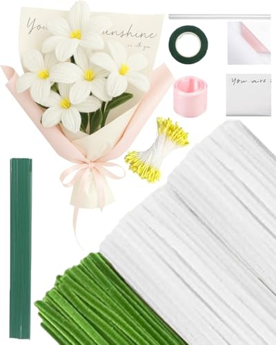 APEX CHOICE Weiße Lilie Pfeifenputzer zum Basteln Set, 250 Stück DIY Bouquet Chenilledraht Set mit Video Tutorial, Ideal für Schule, Kunstprojekte & als kreatives Geschenk für Birthday