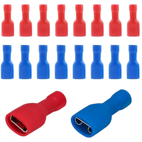 CATOR Connettori rapidi femmina in vinile completamente isolati 6.3 x 0.8 mm, faston elettrici, rosso per 0.5-1.5 mm² (22-16 AWG), blu per 1.5-2.5 mm² (16-14 AWG), confezione da 80 pz