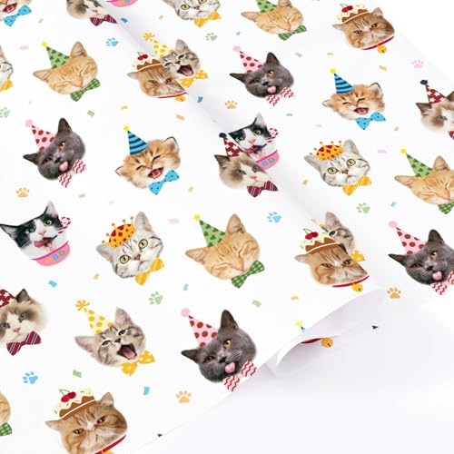 WERNNSAI Papel de Regalo con Diseño de Gatos – 6 Hojas de Papel de Regalo de Cumpleaños para Niños y Adultos, Lindo Gatito, Decoración Divertida para Fiestas de Cumpleaños, 70 cm x 50 cm