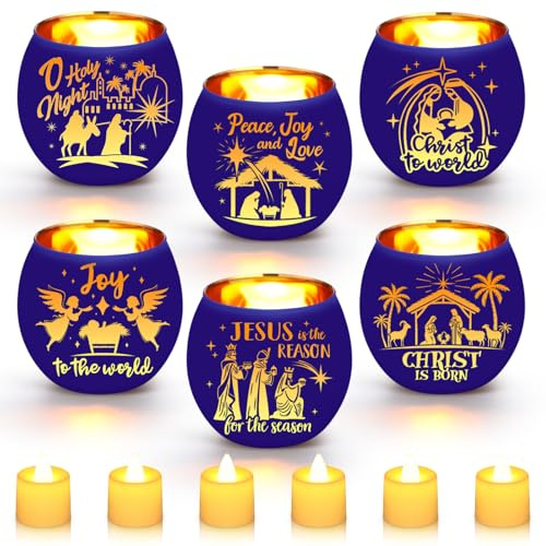 VIHOSE Juego de 6 portavelas votivos de Adviento de Navidad, belén, luz de té de cristal azul con velas LED que funcionan con pilas, centro de mesa de Navidad para decoración del hogar, iglesia