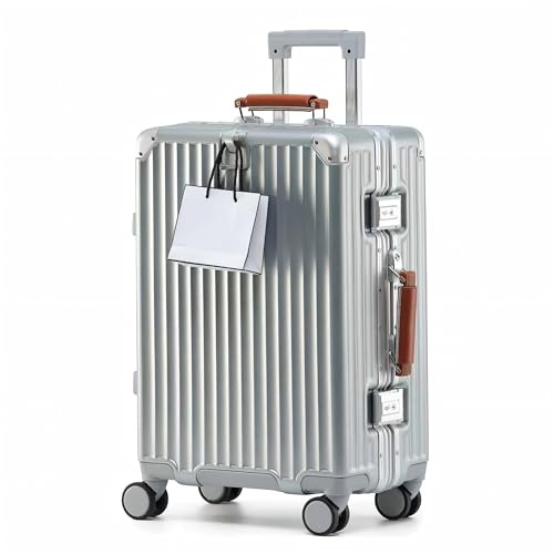 yuweijie Koffer mittelgroß, Koffer & Trolleys - Robuster Alu-Rahmen Suitcase für Reisen, 4 Rollen, TSA Schloss, Silber mit braunem Ledergriff, L-70cm