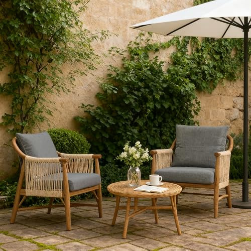 FLEXISPOT 2-er Set Akzentstuhl handgeflochten, Vielseitiger Indoor & Outdoor Stuhl mit komfortablen Kissen, Boho Rattanstuhl mit atmungsaktivem Design Grau