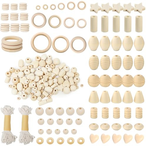 Keboyoe 147 pezzi Set di Perline in Legno Naturale Kit Anelli di Macramè legno Perline Include Rotonde Anelli in Legno Stelle e Forme D'amore per DIY Artigianato Ciondolo Acchiappasogni Decorazione