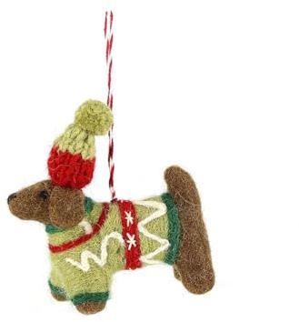 GLOBO Fair Trade Partner Filz Anhänger Hund handgefertigter Christbaumschmuck aus Wollfilz Deko Figur Weihnachten Ornament - Handmade in Nepal (Dackel mit Mütze)
